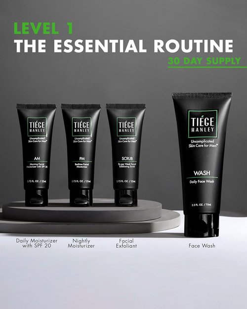 Tiege Hanley Skin Care Set for Men - Essential Daily Routine | 4-Piece System Level 1 with SPF Moisturizer