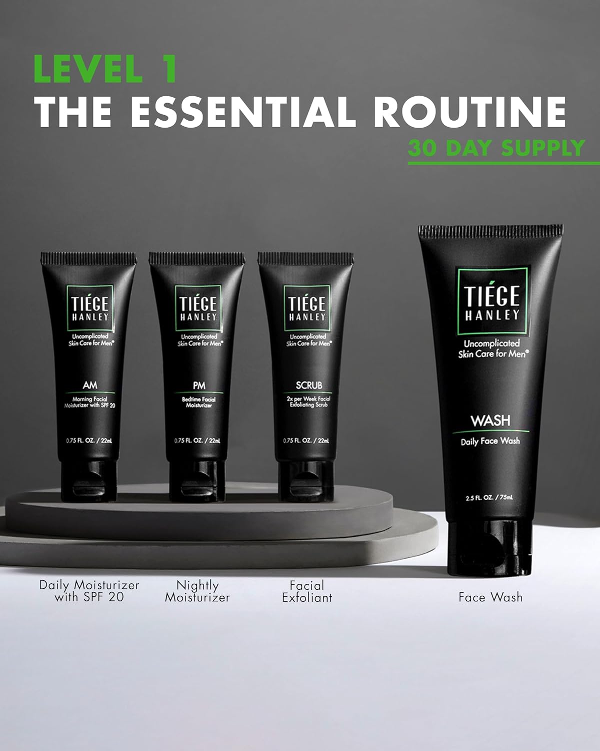 Tiege Hanley Skin Care Set for Men - Essential Daily Routine | 4-Piece Kit with Face Wash, Scrub, Moisturizer & Night Cream