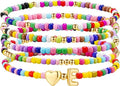 M MOOHAM Colorful Beaded Initial Bracelets - Cute Stretch Heart Letter Jewelry for Girls | 5PCS Set