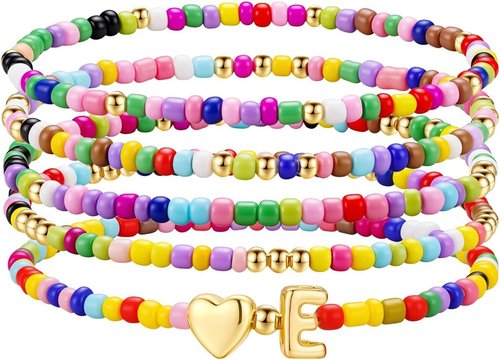 M MOOHAM Colorful Beaded Initial Bracelets - Cute Stretch Heart Letter Jewelry for Girls | 5PCS Set