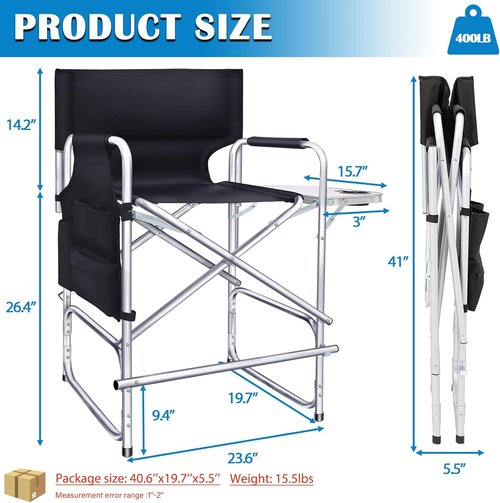 AQNIEGEP Makeup Chair - 41" Tall Folding Director's Chair with Side Table & Cup Holder | Supports 400 lbs