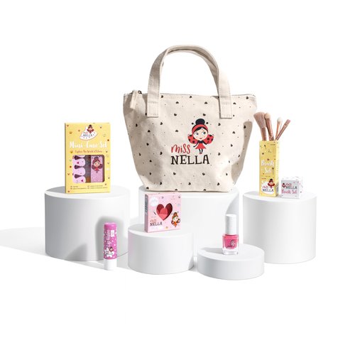 Miss Nella special edition GIRLY GIRL kids makeup & nail polish set for little girls, Hypoallergenic, Dermatologically tested, Non toxic, Canvas cosmetic bag, safe and fun