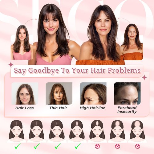 SEGOHAIR Hair Toppers for Women Real Human Hair with Bangs 360°Cover 3D Clips 2.76"x4.33" Breathable Lace Base 11 Inches Lightweight Hairpieces Curtain Bangs Dark Brown