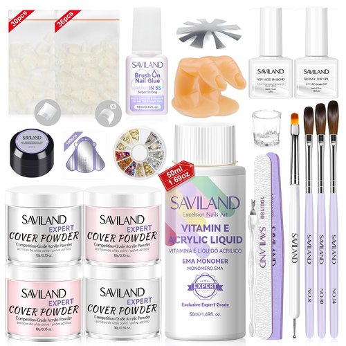SAVILAND French Acrylic Nail Kit: Beginner Nail Kit Acrylic Set Easy to Use Acrylic Powder and Liquid Set with Half Cover Nail Tips Acrylic Nail Brushes Nail Tools for DIY French Manucure Kit