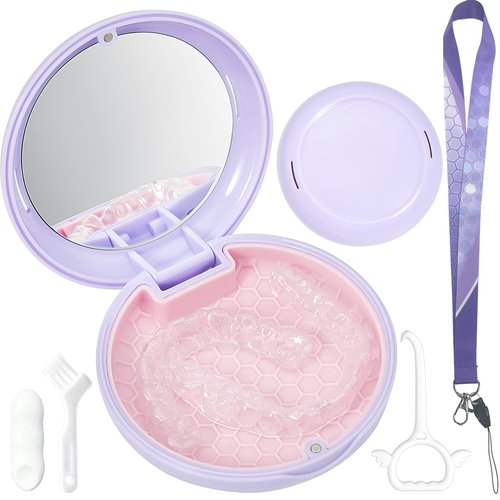 Gaboolo Retainer Case with Mirror and Lanyard,Slim Aligner Case with Vent Holes,Cute Dental Brace Box with Retainer Removal Tool and Brush (Purple Pink with Lanyard)