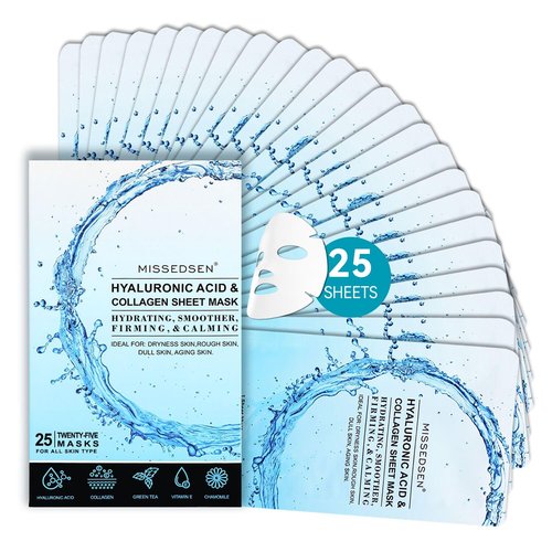 MISSEDSEN Collagen Face Mask with Hyaluronic Acid, Vitamin E Oil for Skin Care Hydrating, Moisturizing, Brightening & Anti Aging Face Masks Skincare for Oil, Dry, Acne, Sensitive All Skin Types 25PCS