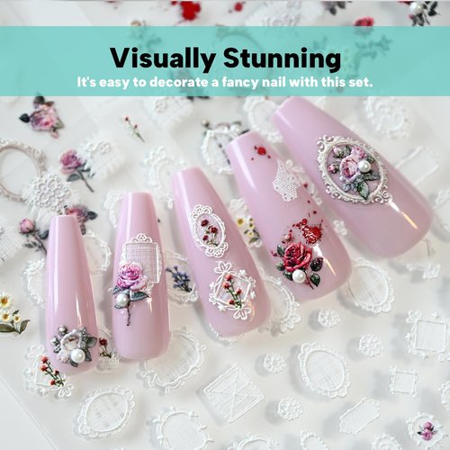 CESTSIREN Rose Flower Frame Nail Art Stickers Pearl Rhinestones Embossed Vintage Nail Decals for Nail Art Design Self-Adhesive Nail Accessories for Women Nail Art Supplies 3 Sheets