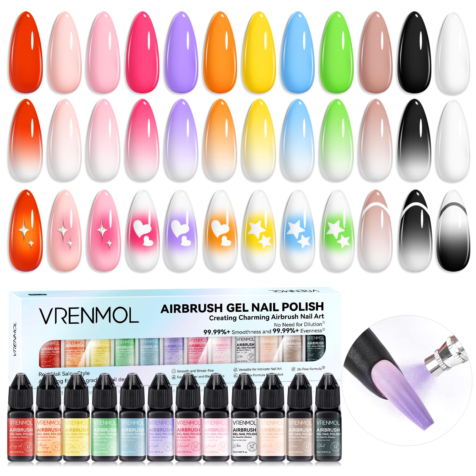 vrenmol 12PCS Airbrush Gel Nail Polish Hema-Free: No Need Dilution Airbrush Gel Nail Polish 12 Bright Colors Airbrush for Nails Paint Stencils Patterns Gradients Ombre French Nails Manicure Pedicure