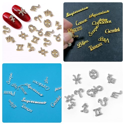 JERCLITY 48 Pieces Gold Silver Alloy Zodiac Nail Charms Zodiac Signs Nail Studs Constellation Words Charms for Nails Twelve Constellation Set for Women Girls