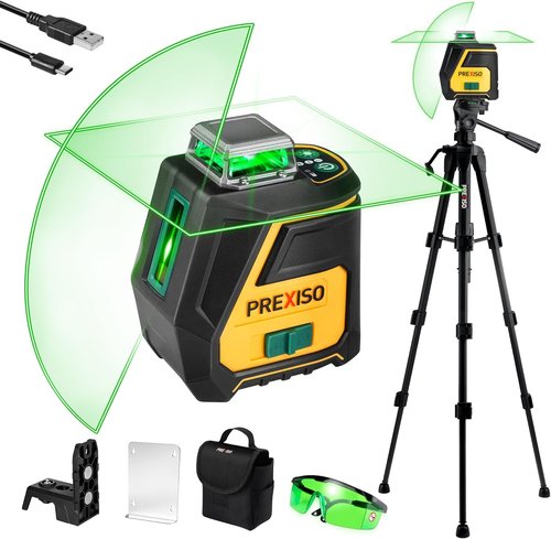 PREXISO 360 Laser Level with Tripod - Rechargeable Green Laser, 100Ft Range, 3 Brightness Settings for Precision Construction