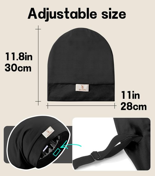 SECZIPE 100% Mulberry Silk Bonnet for Sleeping for Curly Hair and Braids, Wrap with Adjustable Strap for Women and Men,Real Silk, Not Satin（1Pc,Black）