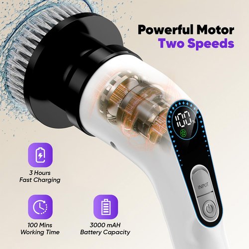 Electric Spin Scrubber Cordless – Powerful Bathroom Cleaning Brush with Long Handle, 2 Speeds, 3000mAh Rechargeable, 7 Brush Heads, Wall Hanger & Crevice Tools – Shower, Tub & Tile Cleaner