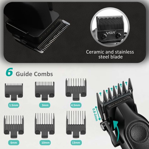VGR 197 Professional Hair Clippers for Men, Cordless & Corded Barber Clippers with Ceramic Stainless Steel Blades, LED Indicator, Hair Cutting Kit with 6 Guide Combs & Grooming Accessories
