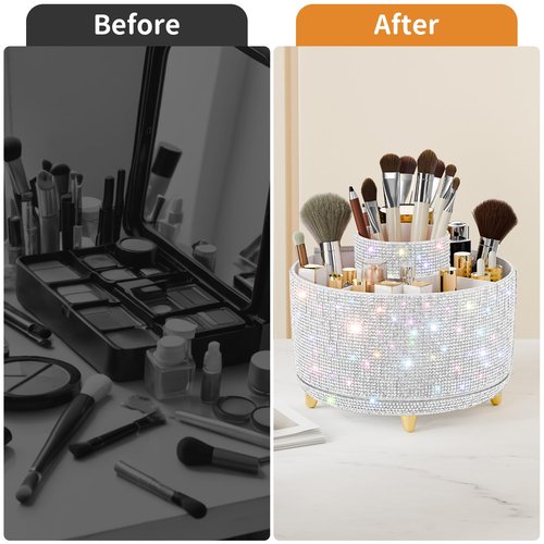 fanado Bling Diamond Makeup Brush Holder, 360° Rotating Makeup Organizer, 5 Slot Make up Brushes Cup for Countertop, Storage for Cosmetics Pen Eyeliner Skincare on the Vanity (Diamond white)