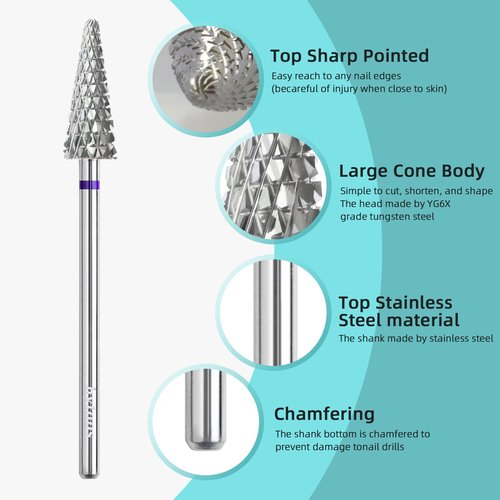 HYTOOS Cone Nail Drill Bits, 15mm Taper Carbide Bit, Right-Way Short Shank Drill Bits for Nails, Manicure Soft Gel Polish Cuticle Clean Removal Electric Files Tools, M