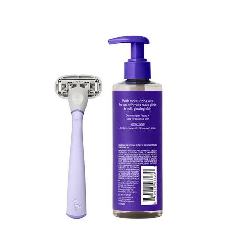 Flamingo Razor Shaving Set for Women - 5-Blade Razor, Nourishing Shave Oil, and Shower Holder - Lilac