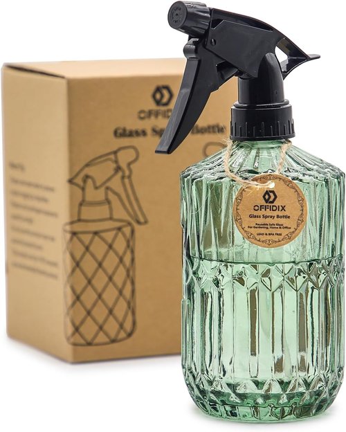 OFFIDIX Fine Mist Plant Mister - Handheld Glass Spray Bottle with Adjustable Nozzle | 0.43L/15.17oz - Light Green
