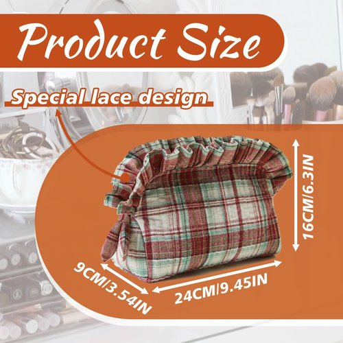 aokansha Ruffle Makeup Bag for Women Travel Toiletry Bags Scottish Buffalo Plaid Cosmetic Bag Storage Pouch Quilted Organizer Bag