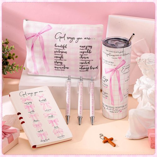 Patelai 6 Pcs Pink Bow Christian Gift for Women Coquette Makeup Bag Christian Tumbler Bible Coquette Gifts for Girls Religious Pink Bow Notebook Ballpoint Pen for Daughter Sister Church School