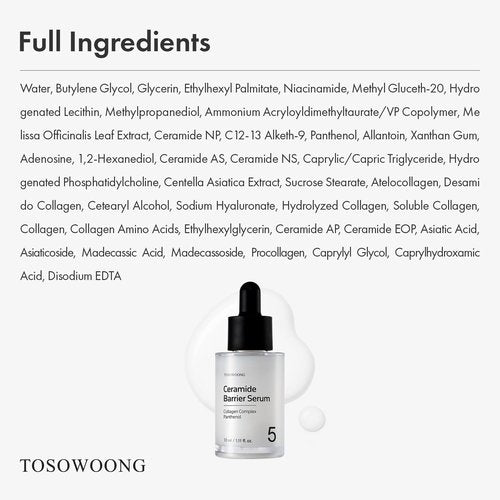 TOSOWOONG Ceramide Barrier Serum, Hydrating Serum for Face, 1,250ppm Ceramide Complex, Niacinamide, Collagen, Panthenol, Centella, Glass Skin, Fragrance-free, Korean Skin Care, 33 ml / 1.11 fl. oz.