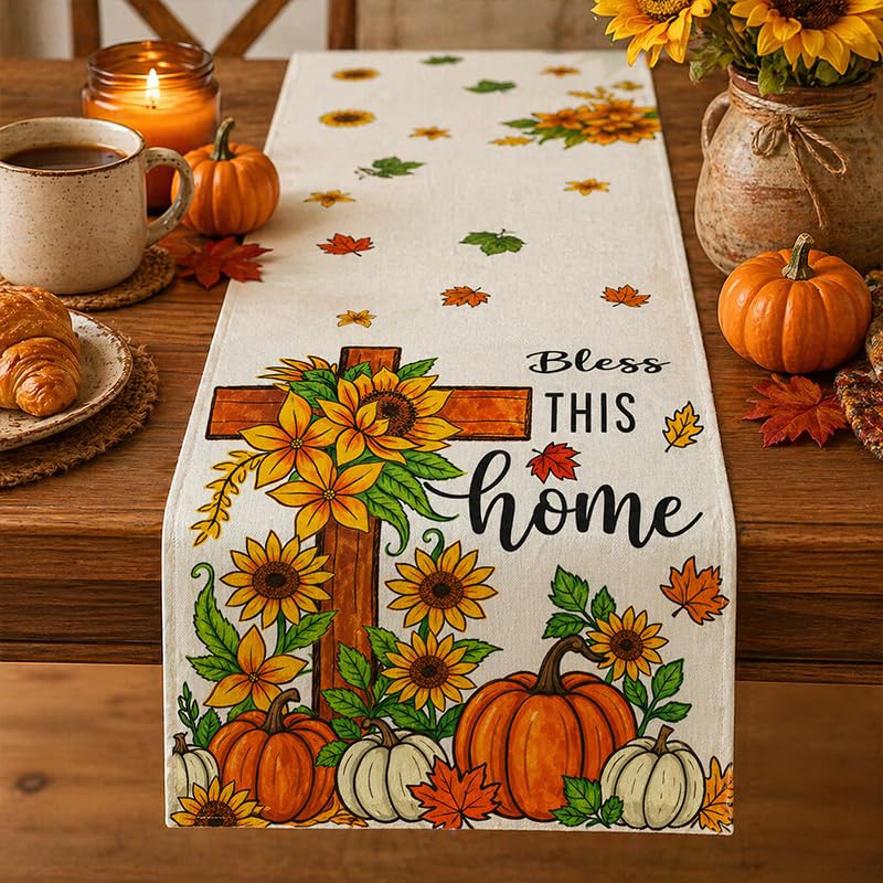 Fall Pumpkin Cross Table Runner 13x72 Inch Autumn Home Decor for Dining