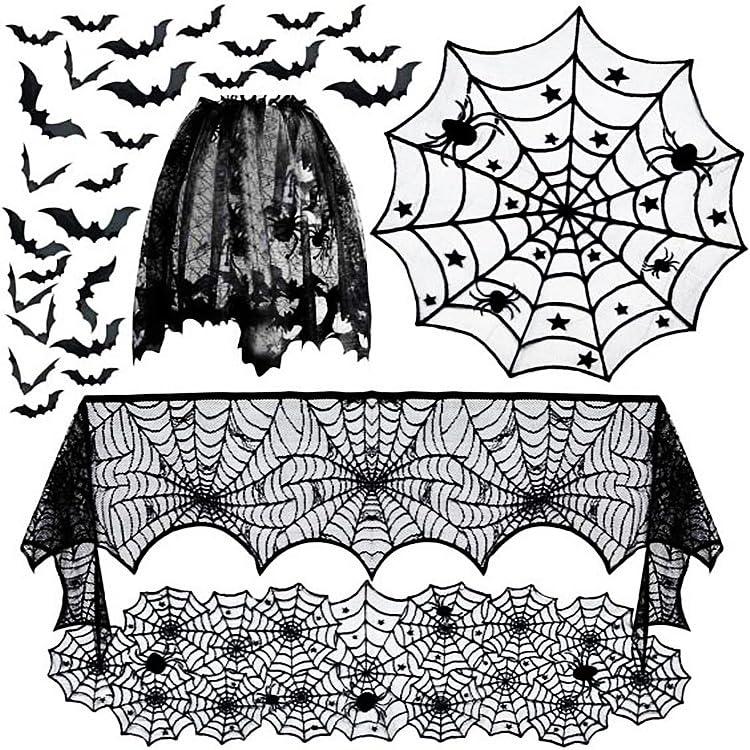 Halloween Decorations Set with Spider Webs Bats and Table Covers - Indoor Party Supplies