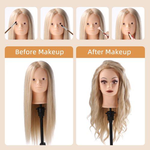 Mannequin Head Human Hair, Make Up Mannequin Head with 70% Real Hair Mannequin Cosmetology Manikin Practice Doll Head for hair styling Braiding Hairdressing Head