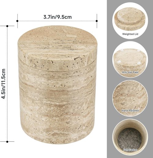 Natural Marble Canister - Elegant Cotton Swab Holder with Lid | Beige White Travertine Design