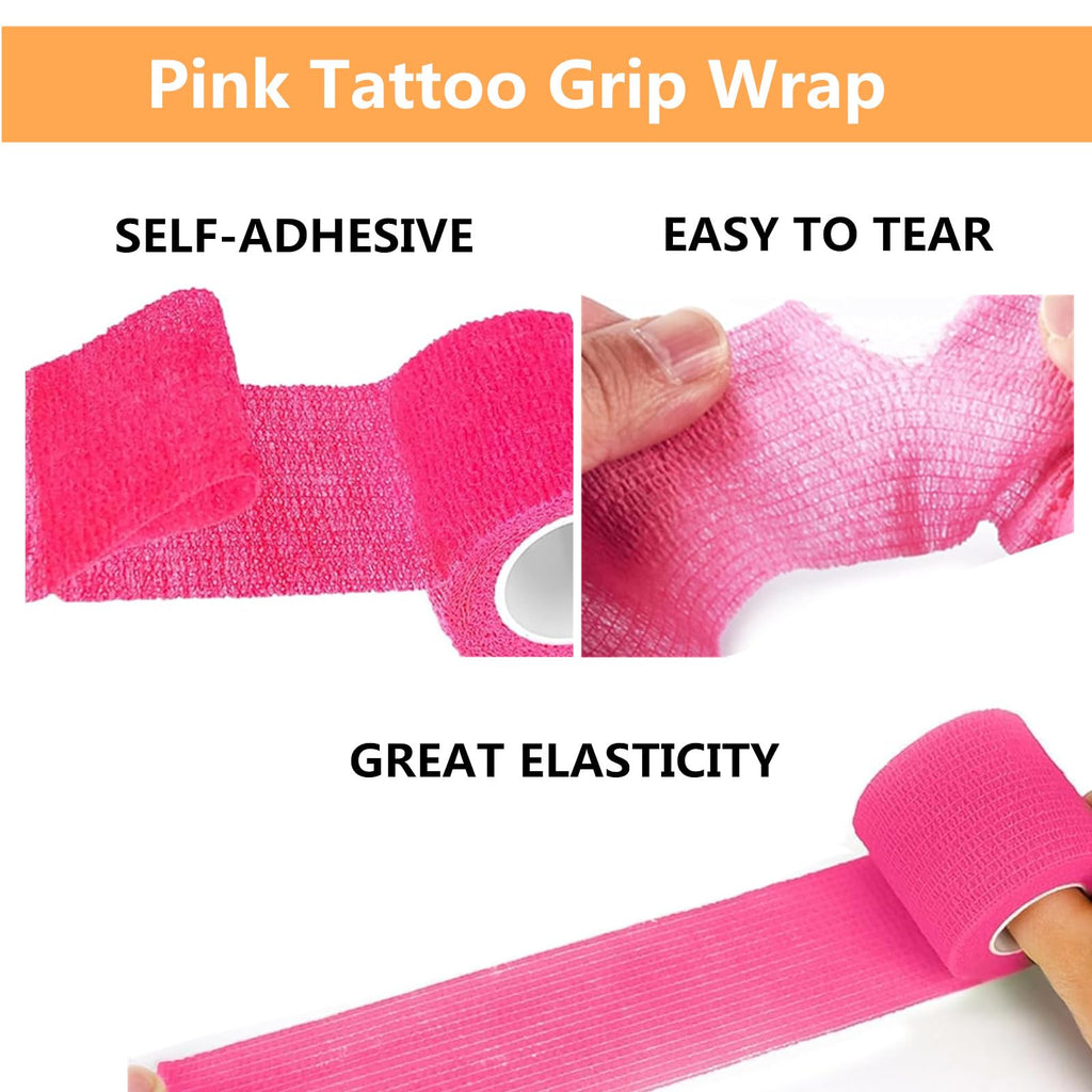 Yuelong Large Tattoo Machine Covers with Grip Tape - 200Pcs Pink Tattoo Pen Bags and 4Pcs Grip Wrap Kit Combination Machine Sleeves Bags Self-Adhesive Grip Covers Tattoo Supplies for Artist