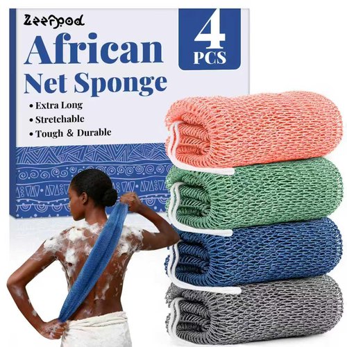 African Net Sponge Authentic-4 Packs African Exfoliating Net Sponge,Bath Sponges for Shower,42 inch Long for Normal to Sensitive Skin, for Daily use, Body Exfoliator Shower (Green,Pink,Blue,Grey)