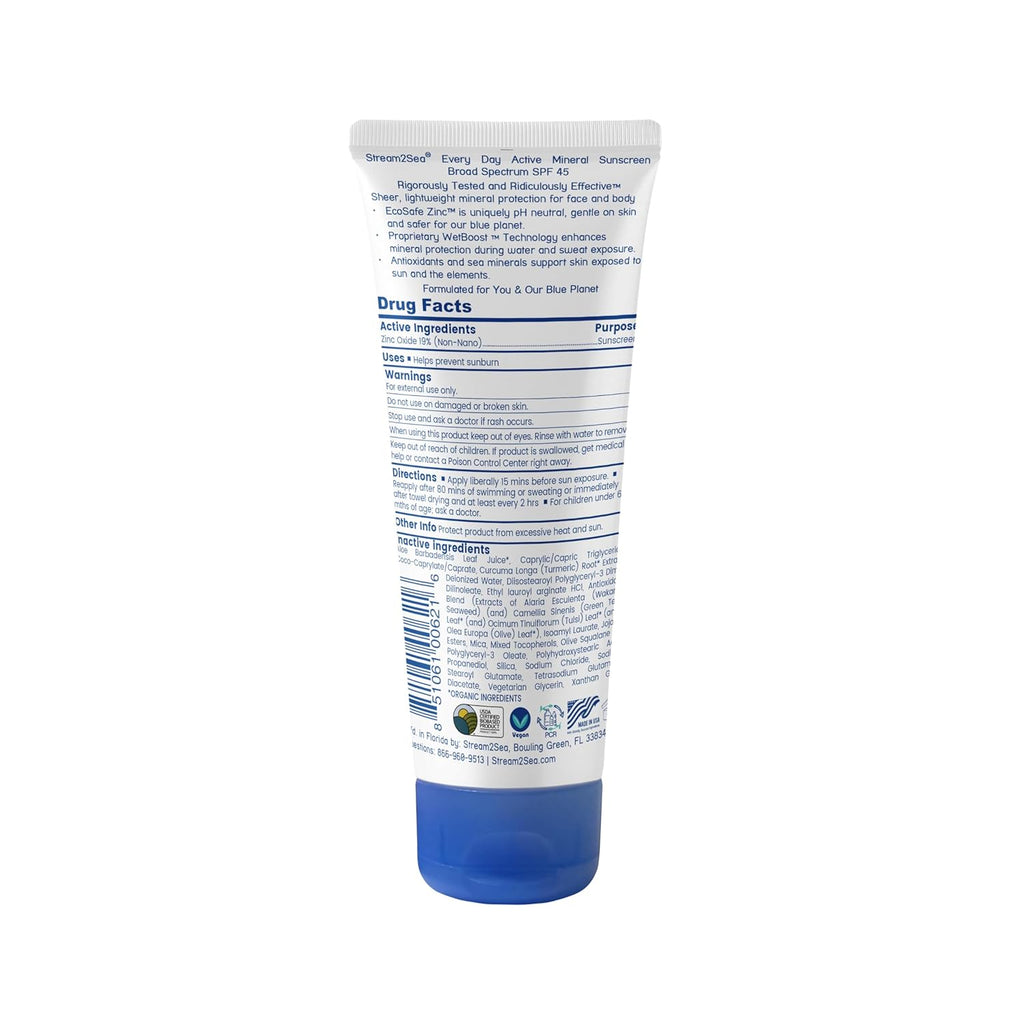 Stream2Sea SPF 45 Mineral Sunscreen - Biodegradable & Reef Safe | 2.5 Fl Oz Non-Greasy Protection for Face & Body