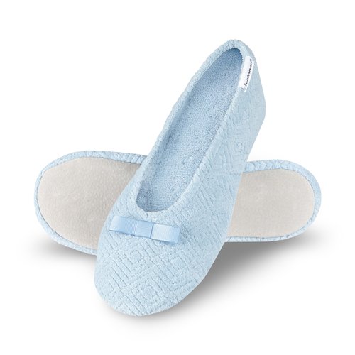 isotoner Women's Diamond Microterry Gemma Ballerina Slippers with Memory Foam Comfort and Genuine Suede Sole, Blue Fog Diamond, 5-6