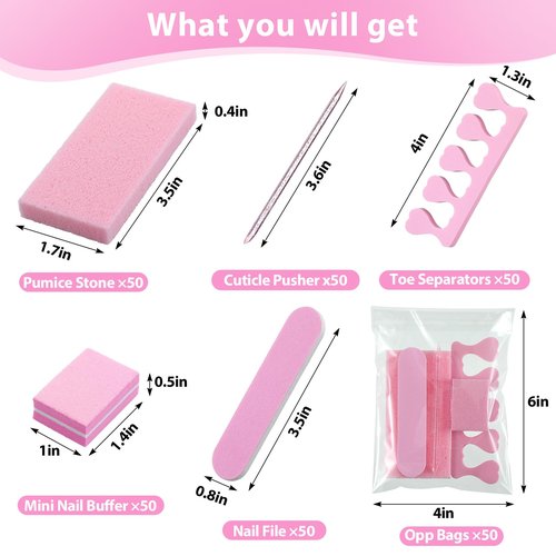 Lanties 50 Sets Disposable Pedicure Kit Individually Package 5 in 1 Pedicure Tools Pumice Stone Nail File 80/100 Grit Mini Buffer Toe Separator Cuticle Pusher Clear Bag for Salon Home(Pink)