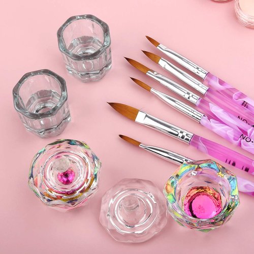 Acrylic Nail Brush Dappen Dish Set, 6PCS Nail Art Pen and 4PCS Crystal Dappen Dish, Manicure Bowl Cup Glass Container for Acrylic Liquid Nail Tool Kit