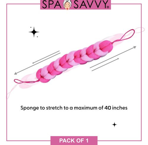 Spa Savvy Bath Loofah Back Scrubber, Long Stretch Mesh Shower Body Sponge with Rope Handles, Exfoliating Braided Pouf for Men and Women, Pink