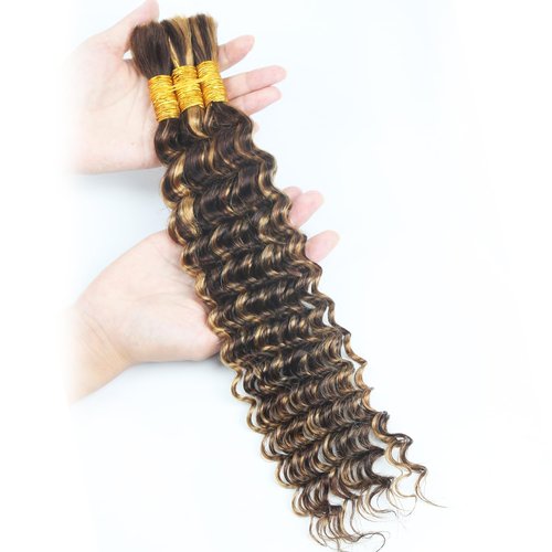Highlight Human Braiding Hair for Boho Braids 110g Deep Water Wave Bulk Human Hair for Braiding Knotless 12A Curly Bulk Bohemian 3 Bundles P/430 Unprocessed Brazilian Ombre Extensions 18 Inch