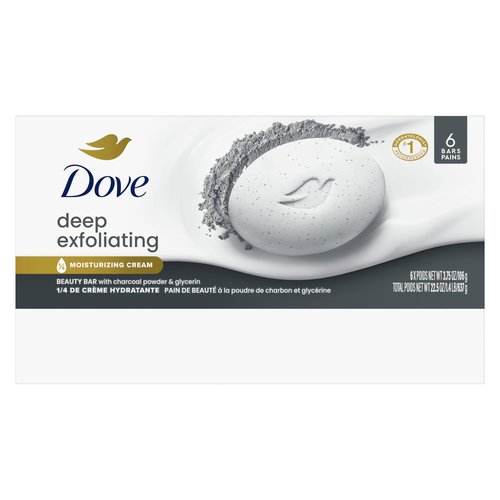 Dove Beauty Bar Soap 6 Bars Deep Exfoliating Charcoal Powder & Glycerin, for Softer, Smoother Skin, Scrubs Away Impurities 3.75 oz