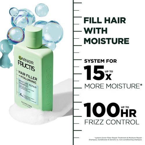 Garnier Fructis Hair Filler Shampoo - Moisture Repair for Curly & Wavy Hair with Hyaluronic Acid | 10.1 Fl Oz
