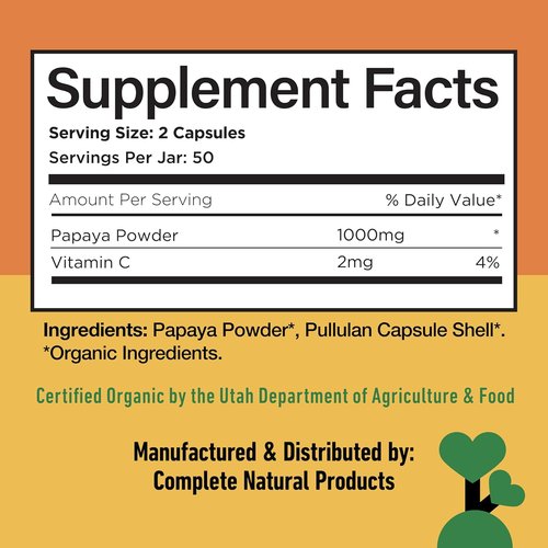 Papaya Enzyme Capsules 500mg - Organic Digestive Support with Papain | Vegan Non-GMO Herbal Supplement