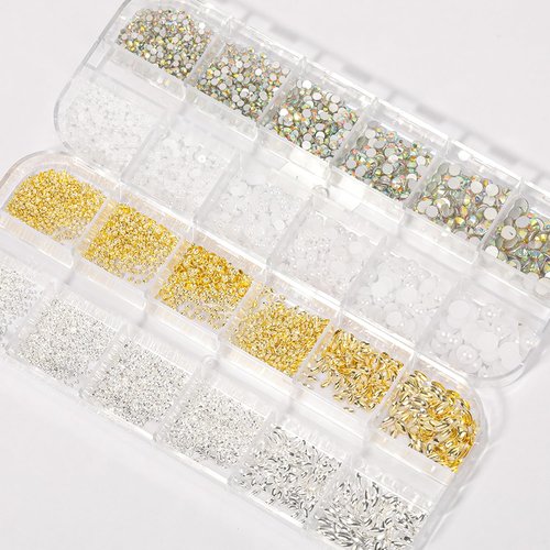 DZHILHMX Nail Charms - Metal Silver & Gold Beads, Flatback Half Round Rhinestones, Small Nail Pearls, 3D Mixed Sizes Decorations for Nails Kits