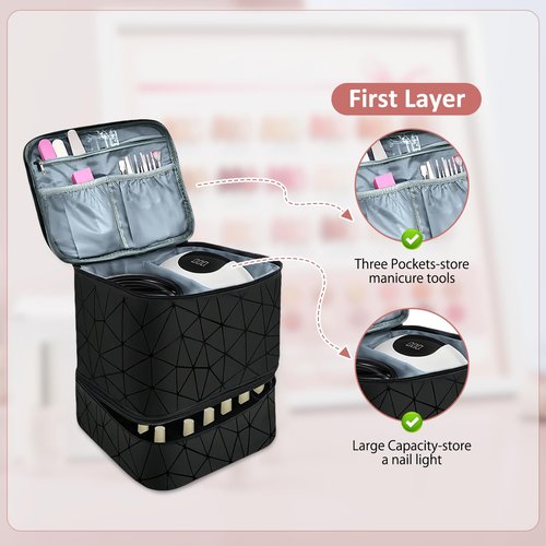 Esoes Nail Polish Organizer Case Double-Layer Nail Bag Storage PU Leather Waterproof Nail Organizer Holds 30 Bottles(15ml) and 1 Nail Lamp Large Travel Nail Supplies Shoulder Bag