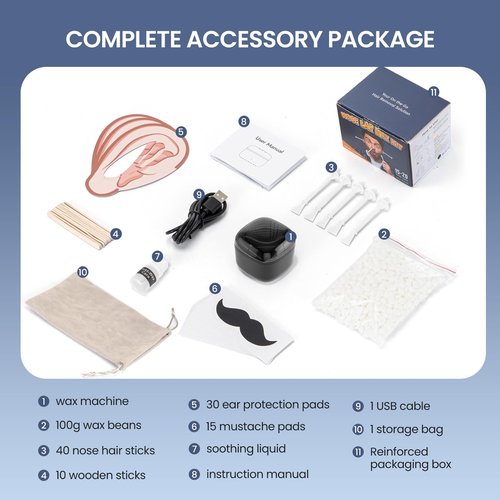 AUZEAL Nose Wax Kit Men, Nose Ear Hair Waxing Kit with 100g Wax, 40 Sticks, Nose Ear Hair Removal Kit, USB Fast Heat, Smart Constant Temp, Upgraded Size, Multi-Accessories, Black