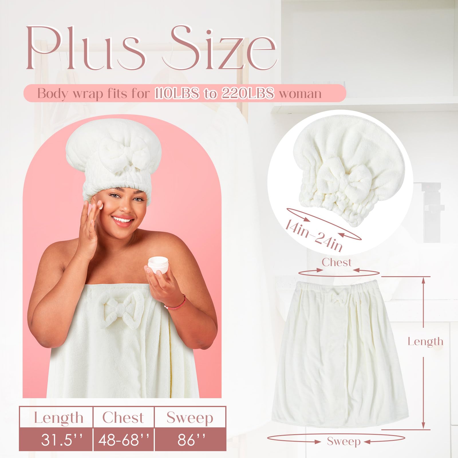 Xtinmee 2 Sets Womens Wrap Towel with Hair Towel Bath Towel Wrap Shower Dress Towel Spa Wraps for Women's Bathrobe (White, Plus Size)