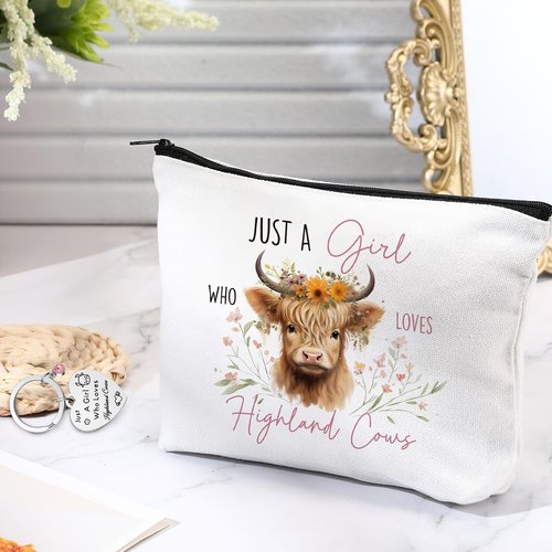 Sinmoe 5 Pcs Highland Cow Gift Set Women Christmas Highland Cow Lovers Stuff Canvas Tote Bag Makeup Bag Keychain Notebook Pen(Pink,Classic)