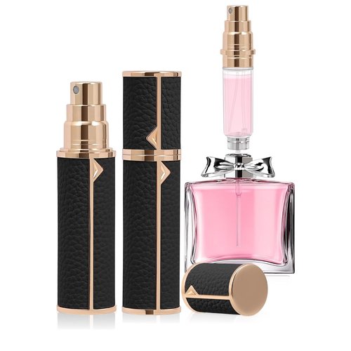 Coxotom Refillable Travel Perfume Bottle – Fine Mist Atomizer, Bottom Fill, Genuine Leather Shell, TSA Approved, For Daily Refresh & Travel (Black, 5ml)