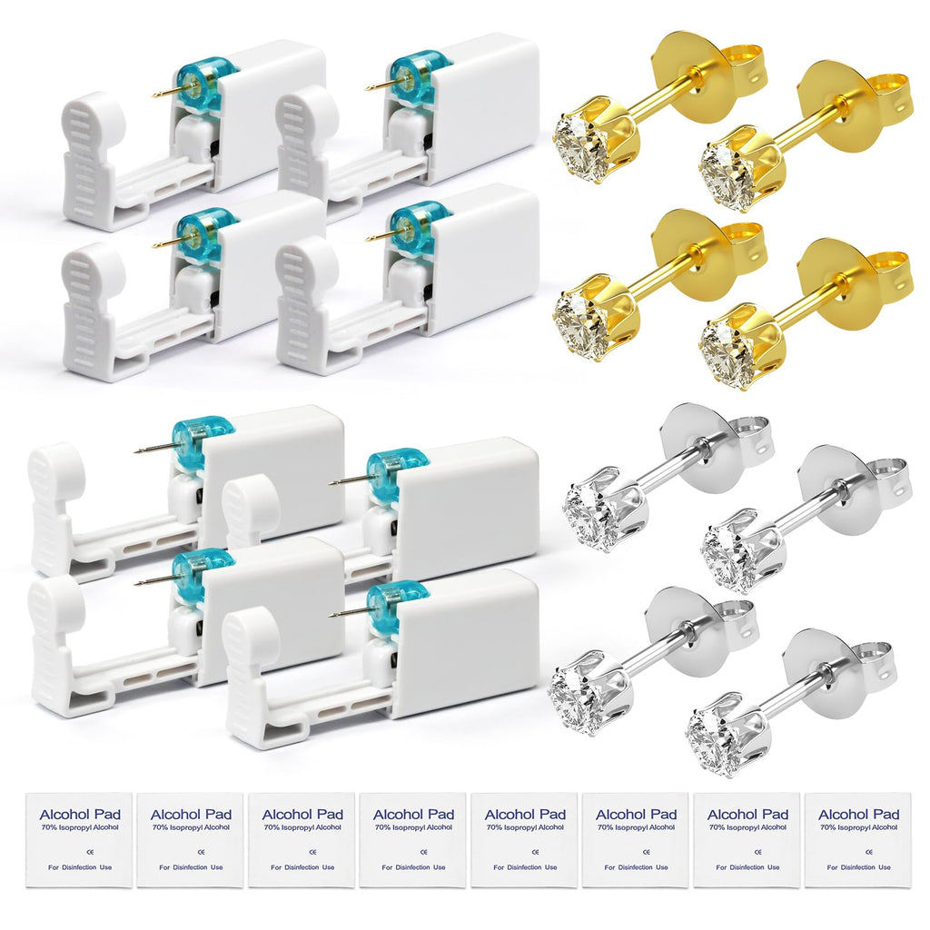 YINPAD Ear Piercing Kit, Disposable Piercing Gun Preloaded with Different Style Studs, at Home Self Piercer Kit (4 golden 4 silvery, Crown White)