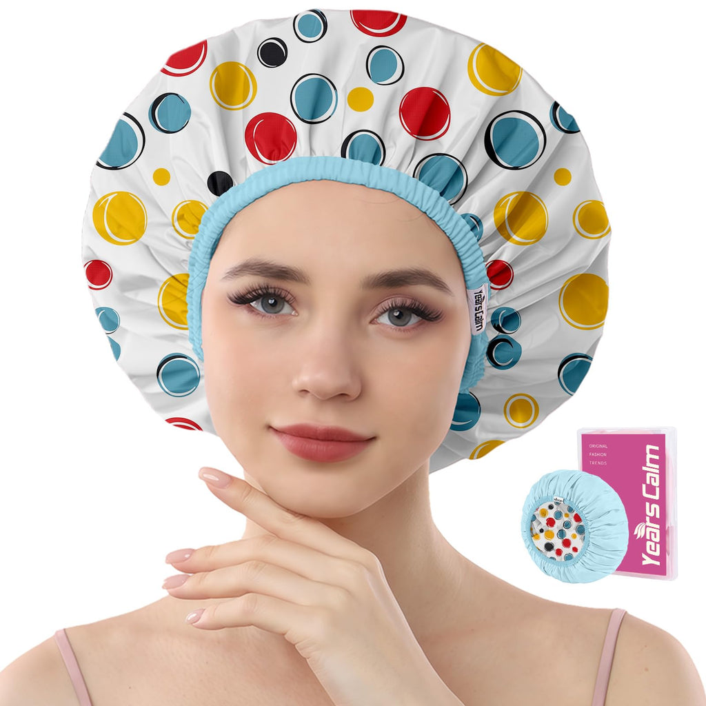 Years calm Waterproof Shower Cap for Women - Double-Layer Reusable Bath Cap with Elastic Band for Long/Short/Curly/Braids Hair, Washable & Travel-Friendly, Fit for Shower, Spa (Blue Shower Cap)