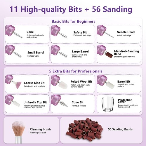 TUOBEO Cordless Nail Drill Electric Nail File Kit, Rechargeable Efile Set, Portable Acrylic Gel Nail Polish Remover Machine, Pedicure Manicure Tool, 11 Bits, 56 Sanding Bands, Salon Home, Purple