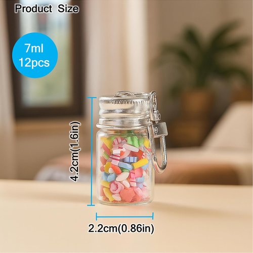 Doromy 12 Packs 7ml Mini Glass Bottle Keychain with Screw Cap Small Clear Vials with Metal Key Ring Clear Glass Storage Jars for Crafts, Perfume, Essential Oils, Travel