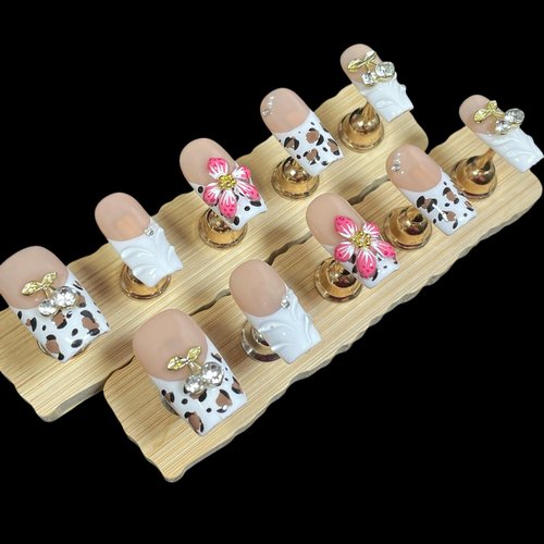 Handmade Press On Nails, 3D Velvet Floral Short/Medium Length Square White French Tips, Leopard Cherry Design, Reusable Acrylic False Nails (Velvet Jungle, M)